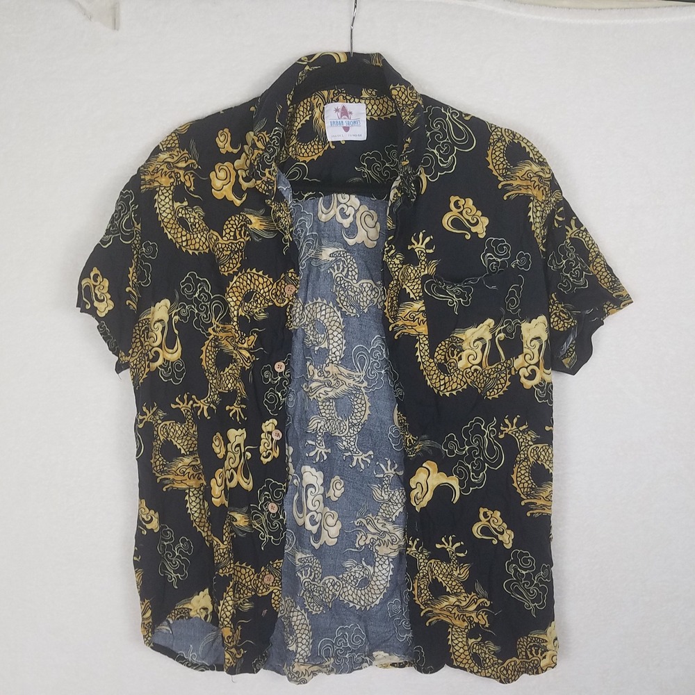 Urban Shores Dragon Print Shirt Men Large Black Gold Excellent Viscose Button Up